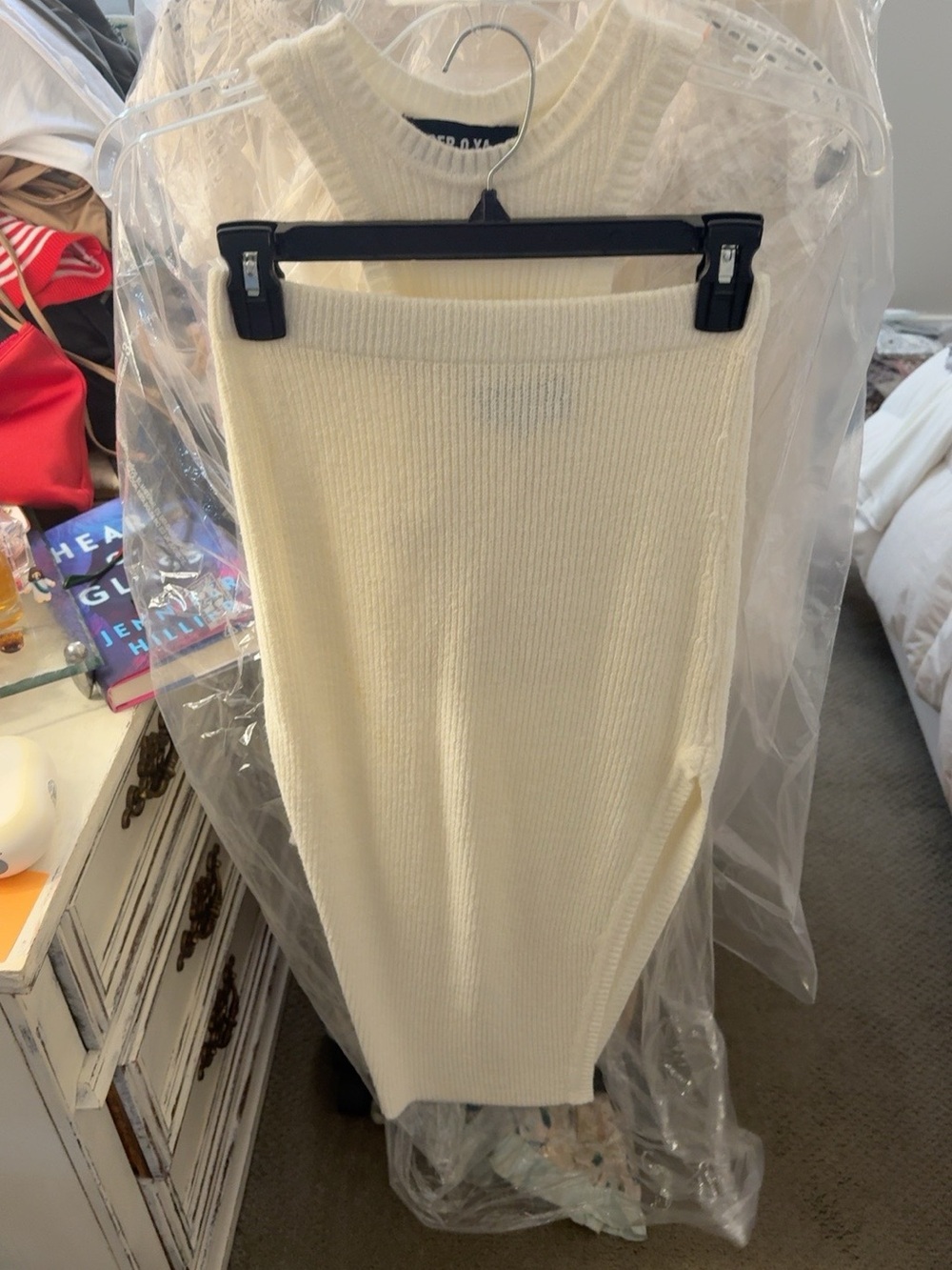 SER.O.YA Cream Ribbed Knit Skirt Set - Ivory Two-Piece